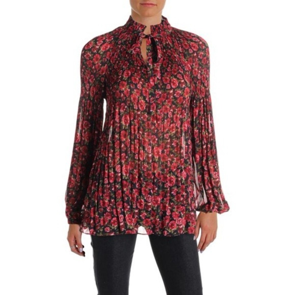 Lauren Ralph Lauren Floral Pleated Georgette Mock Neck Tie Blouse Red XL